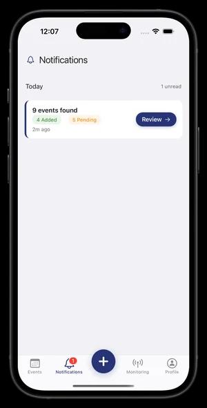 Notifications showing events found