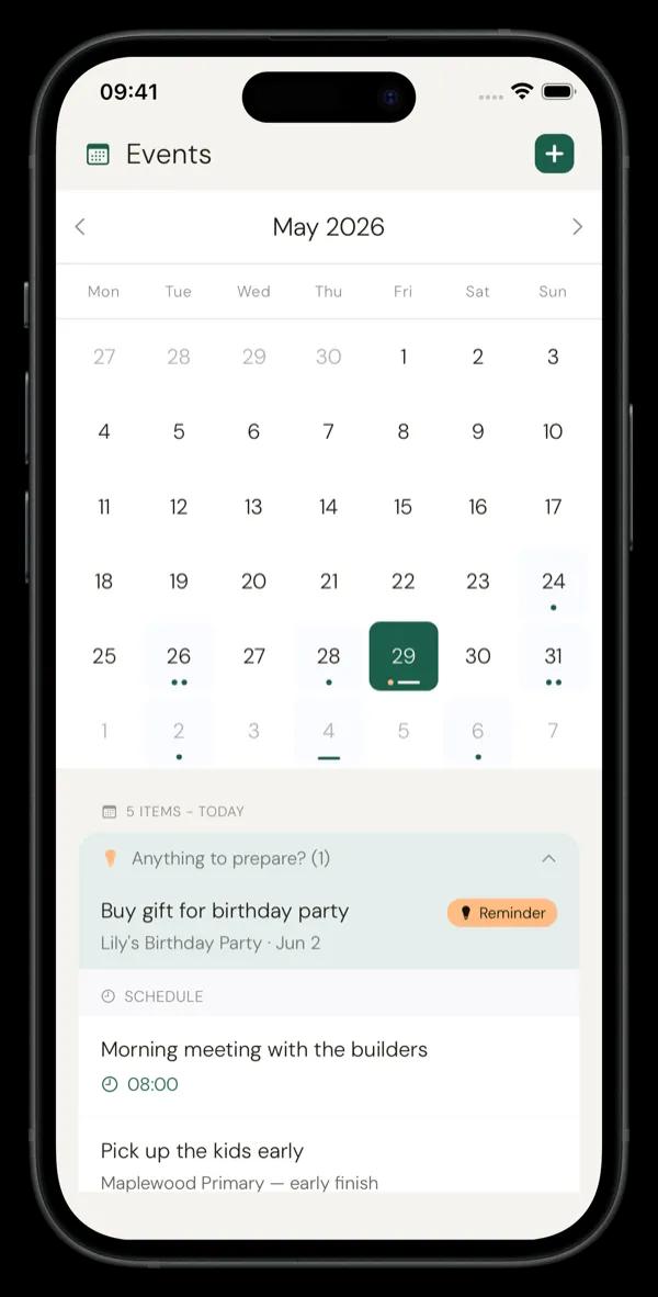 Monthly calendar view with family events in NUET