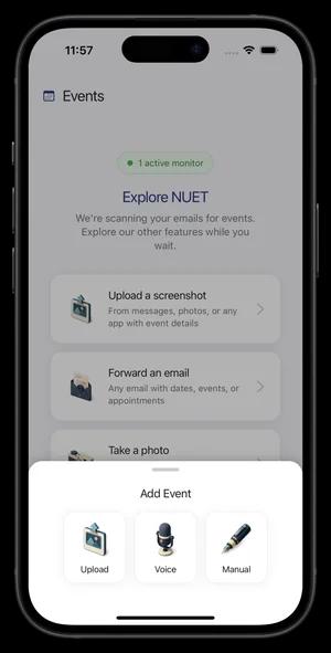 Multiple ways to add events: upload screenshot, forward email, take photo, or voice memo